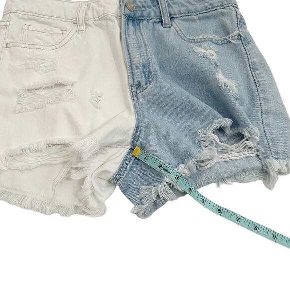 Vervet Medium Blue & White Colorblock Denim Rebecca High Rise Distressed Shorts - Picture 5 of 10